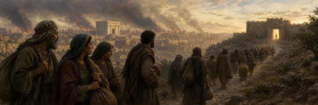 Survivors leaving Jerusalem’s smoking ruins as a distant palace doorway opens toward light